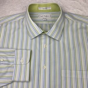 Paul Fredrick Dress Shirt Mens 18.5-35 Blue/Green Stripes Non Iron